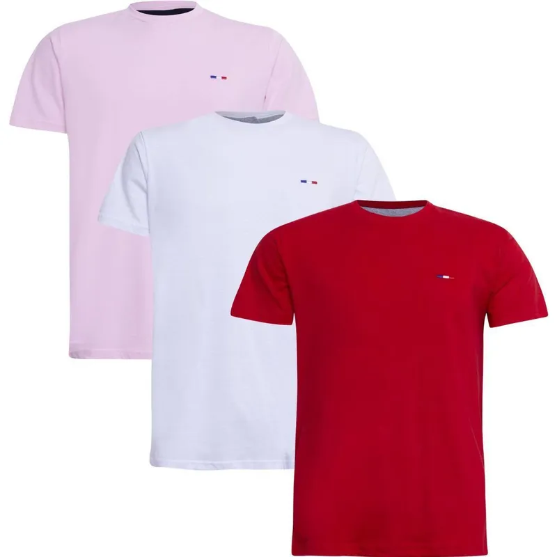 Kit 3 Camisetas Básicas Masculina Premium no Estilo Clássico Bordado França Rosa Vermelha Branca