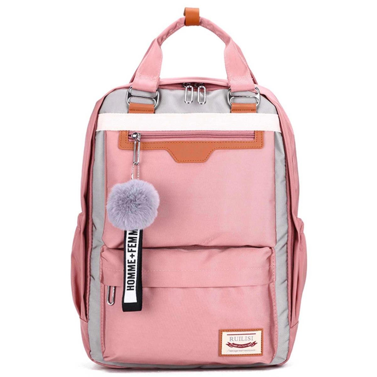 Mochila Escolar Feminina Bicolor com Chaveiro Puff e Espaço para Notebook