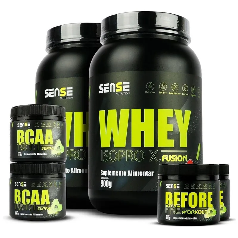 Kit 2 Whey Protein 900g + 2 Bcaa + 2 Pré Treino - Sense