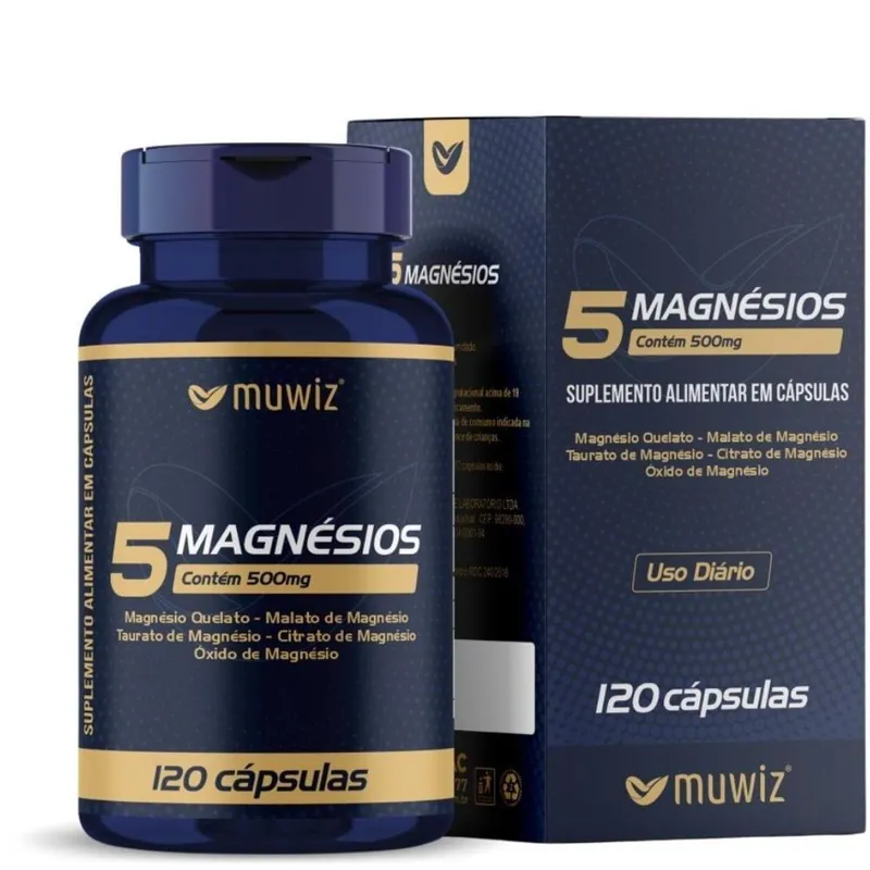 5 Magnésios - Mag Quelato, Taurato, Dimalato, Citrato, Óxido de Magnésio 120 cápsulas 500mg Muwiz