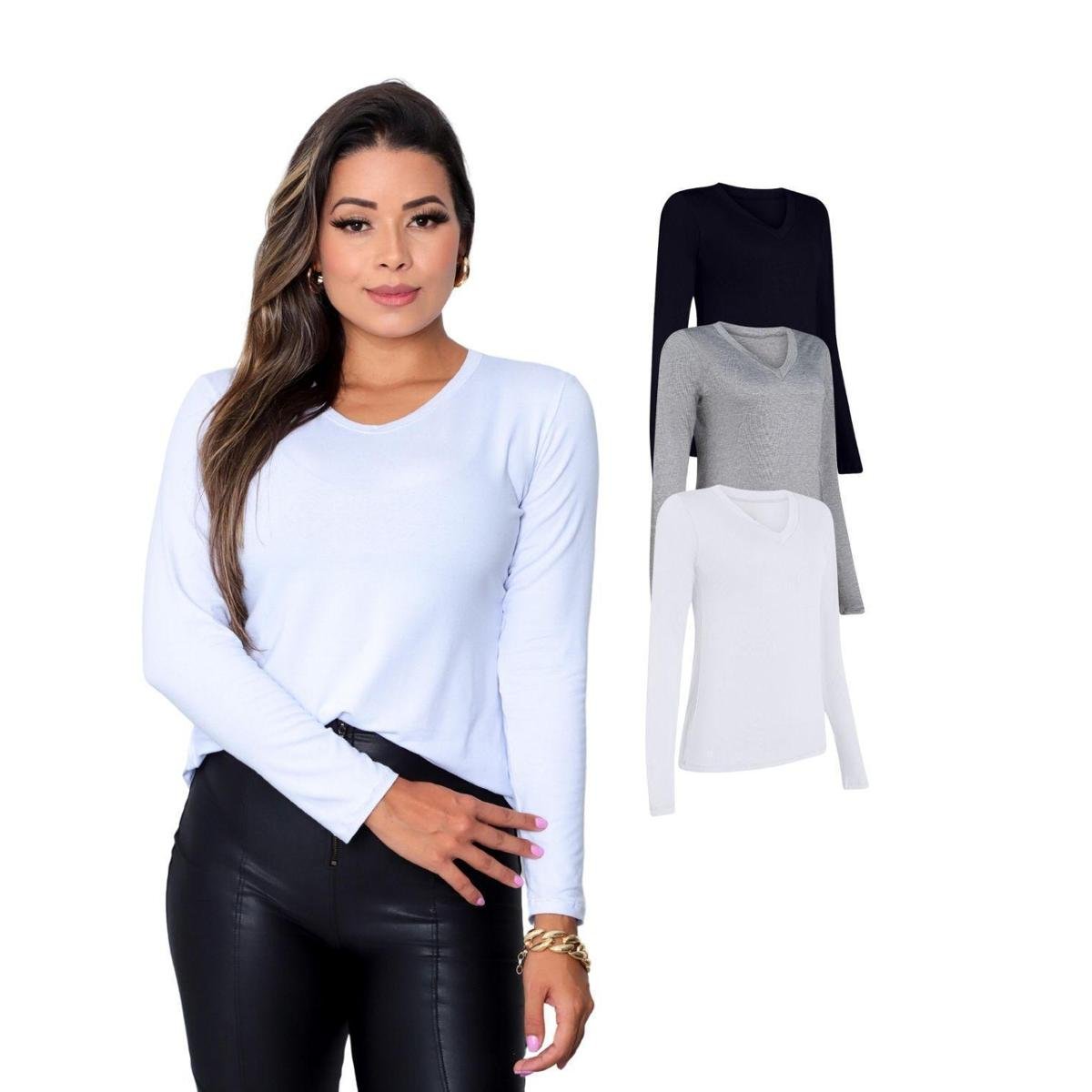 Kit Com 3 Camisetas Manga Longa Feminina - Colors