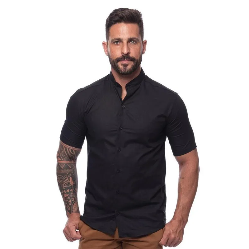 Camisa Masculina Linho Manga Curta Gola Padre Lisa Casual