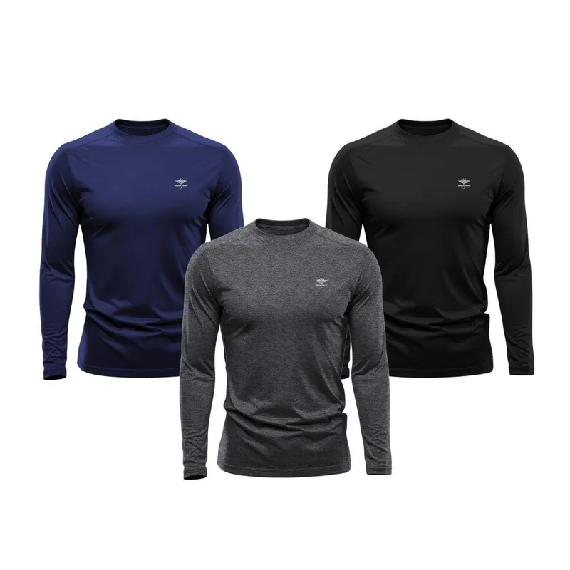 Kit 3 Camisetas Masculina Dry Manga Longa P ao Plus Proteção UV Academia Fitness Esporte Básica