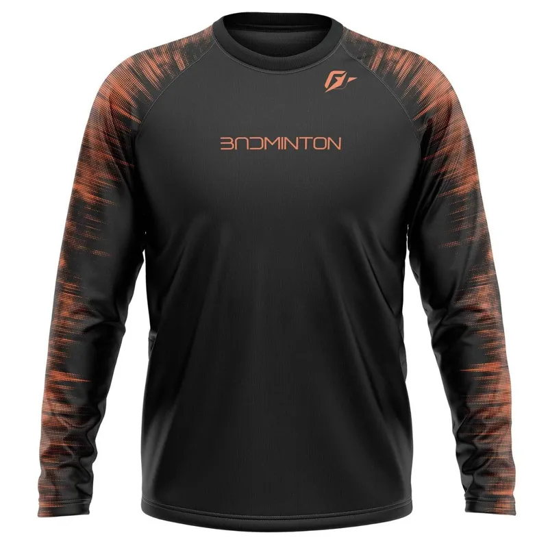 Camiseta Manga Longa Unissex Badminton Tecnodots Preto Laranja