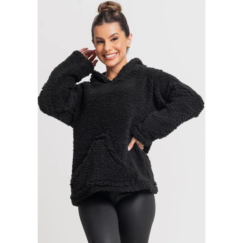 Casaco Flanelado Feminino Capuz Bolso Teddy Peluciado Mvb Modas