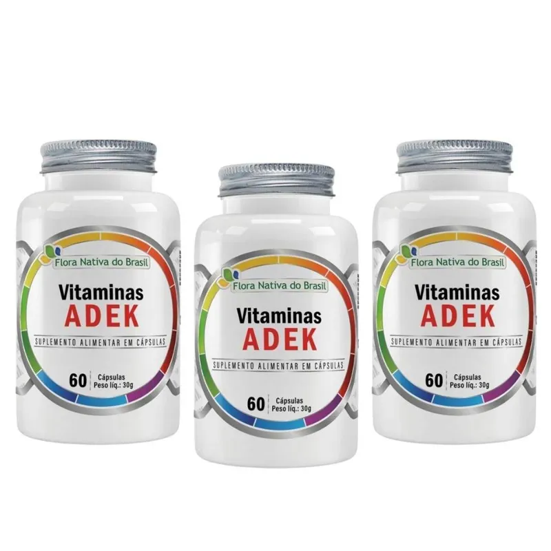 Kit 3x Vitaminas ADEK (VIT A, D, E e K) 60 Cápsulas Flora Nativa