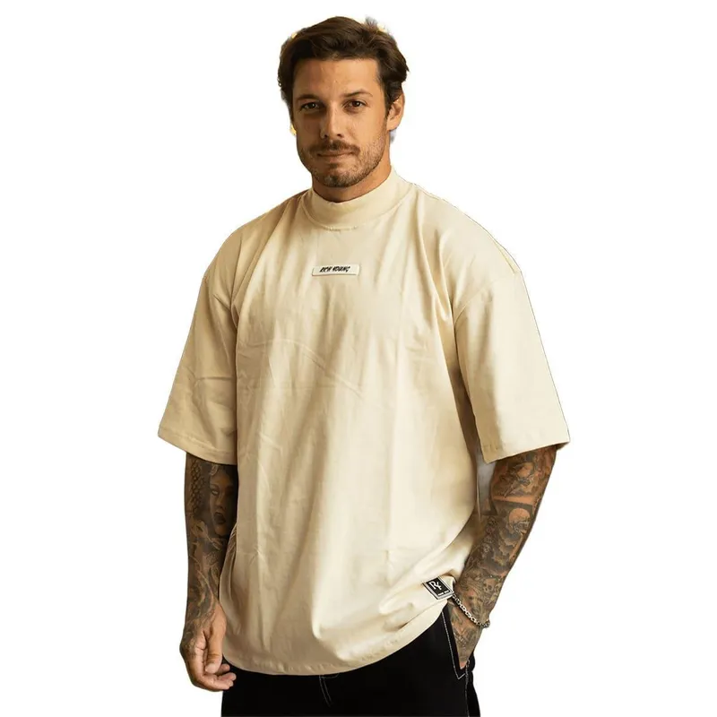 Camiseta Oversized Gola Alta Borracha Streetwear Confortavel Masculina Creme