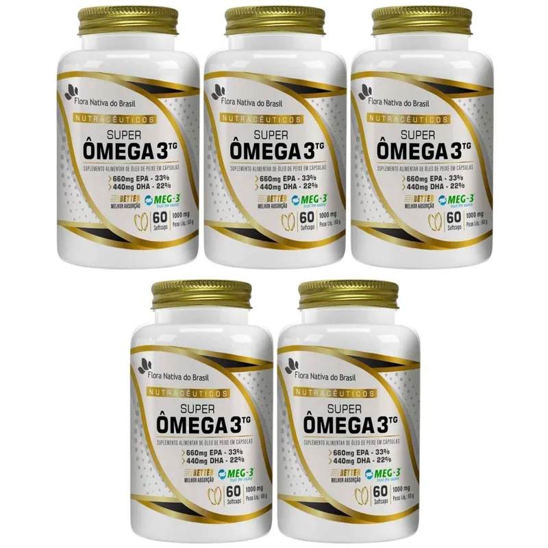 Kit Com 05 - Super Ômega 3 (MEG-3) 33EPA/22DHA 1000mg 60 SoftCaps Flora Nativa do Brasil