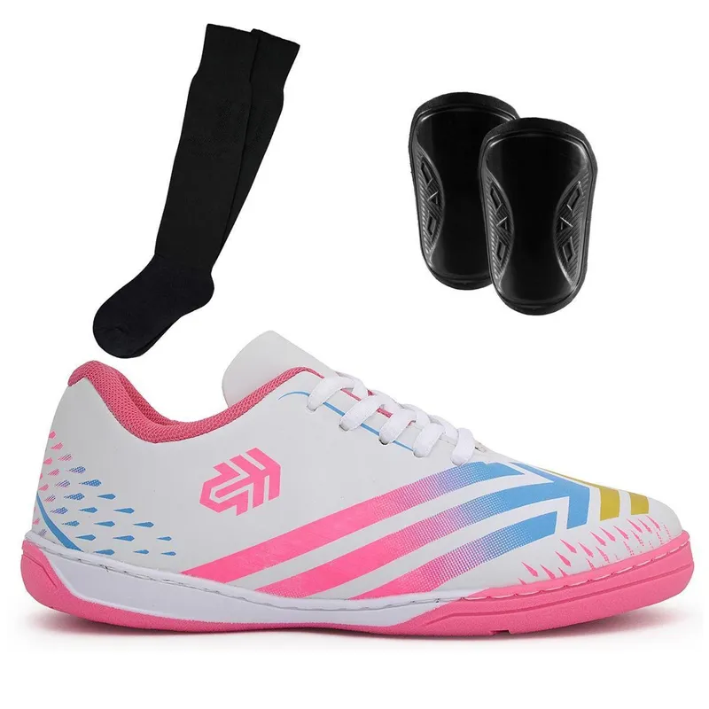 Kit Tênis Futsal Infantil Salão Quadra Escolar Crianças + Caneleira e Meião