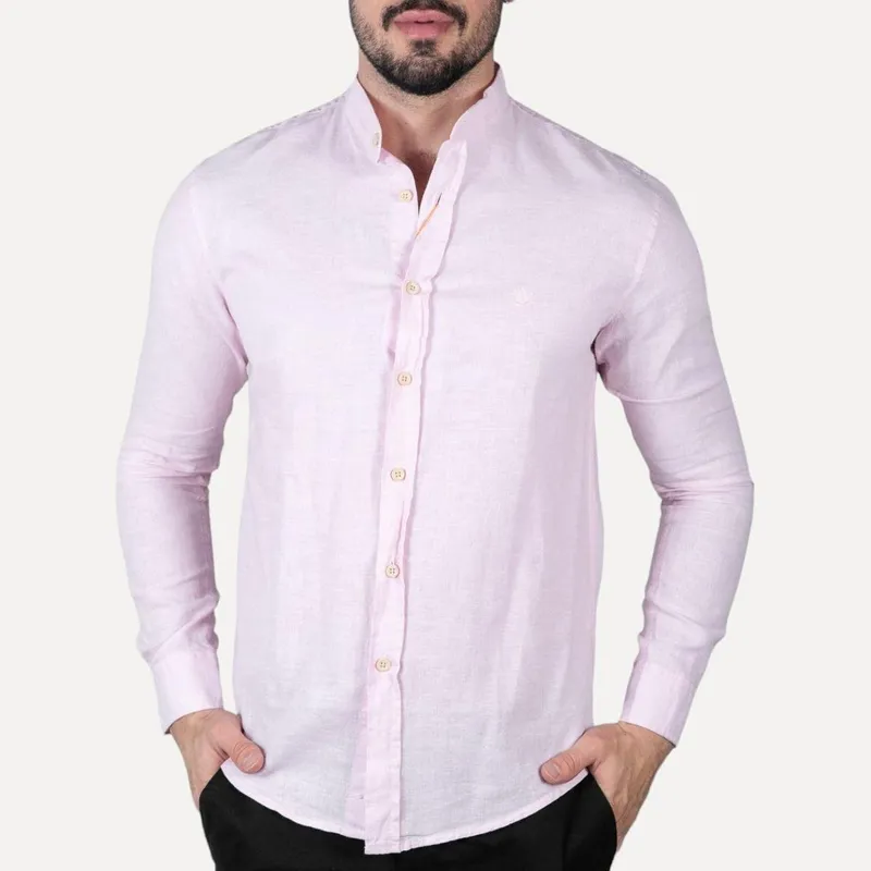 Camisa Linho Masculina Gola Padre Rosa
