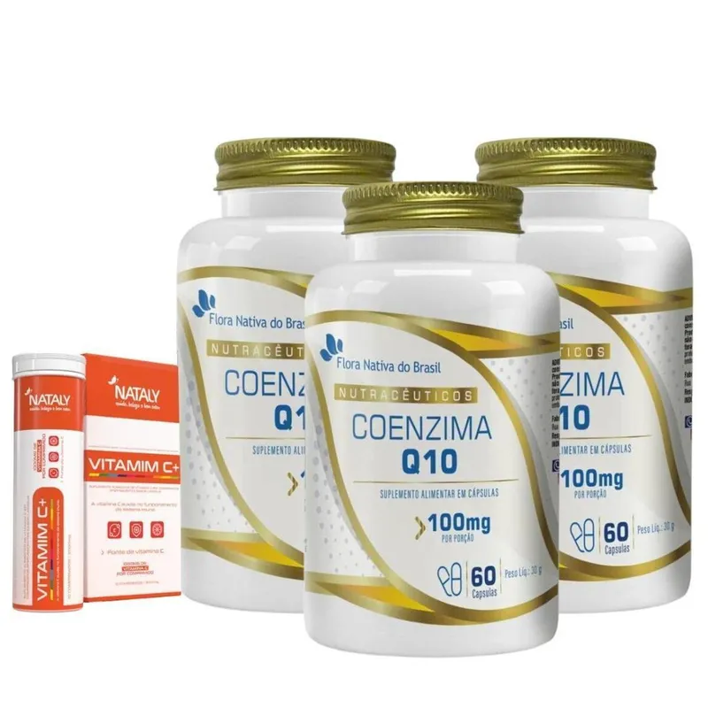 Kit Com 3 Coenzima Q10 100% Pura 60cáps 100mg + 1 Vitamim C+