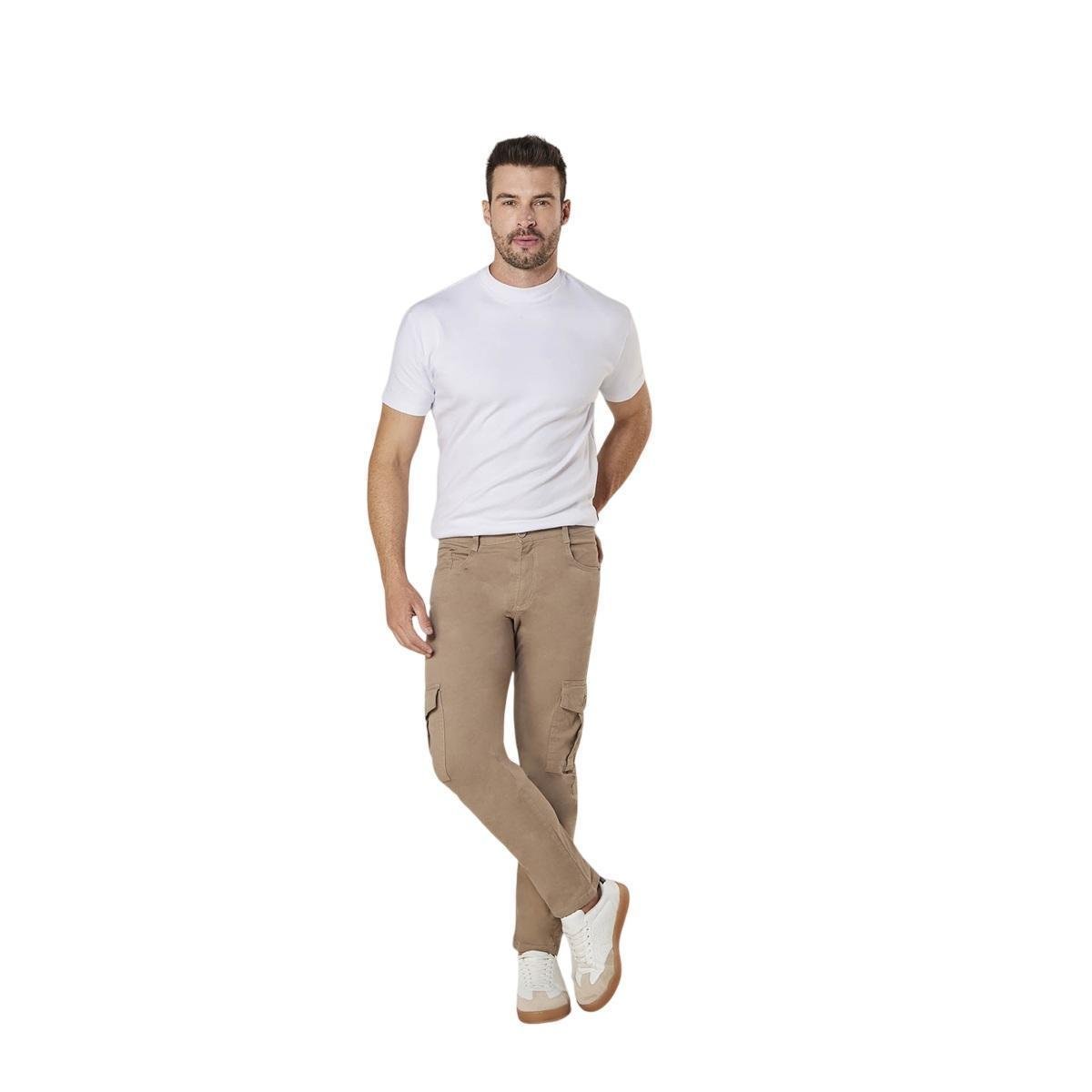 Calça Sarja Masculina Casual Cargo Reta Max Denim 11174 Caqui
