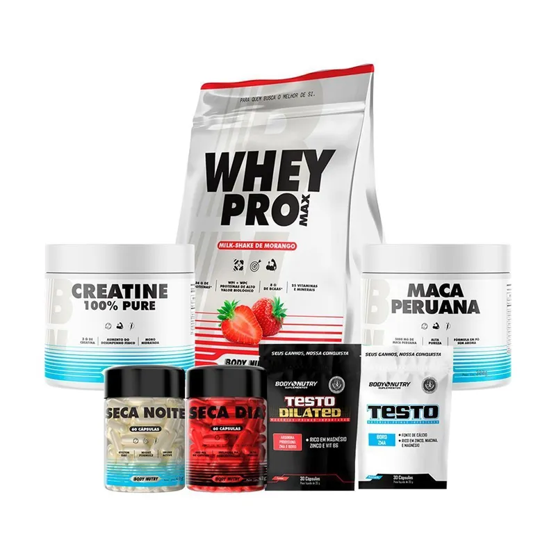 Kit Completo 7 Itens Whey 900g Creatina 100 300g Seca Dia e Noite 3 Suplementos Energia Rotina