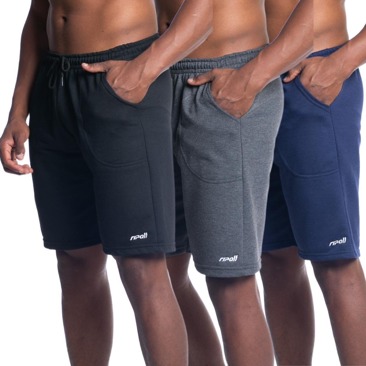 Kit 3 Bermuda Short De Moletom Masculina Com Bolso Treino