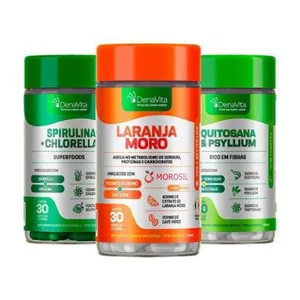 Trio Fitness Denavita Extrato de Laranja Moro 3x1, Spirulina Com Chlorela 2x1 e Quitosana e Psyllium