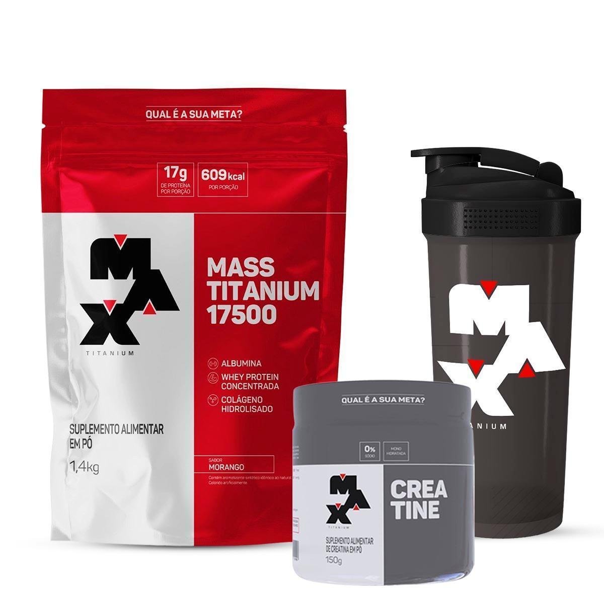 Combo Mass 17500 1,4kg, Creatina 150g e Coqueteleira Max Titanium