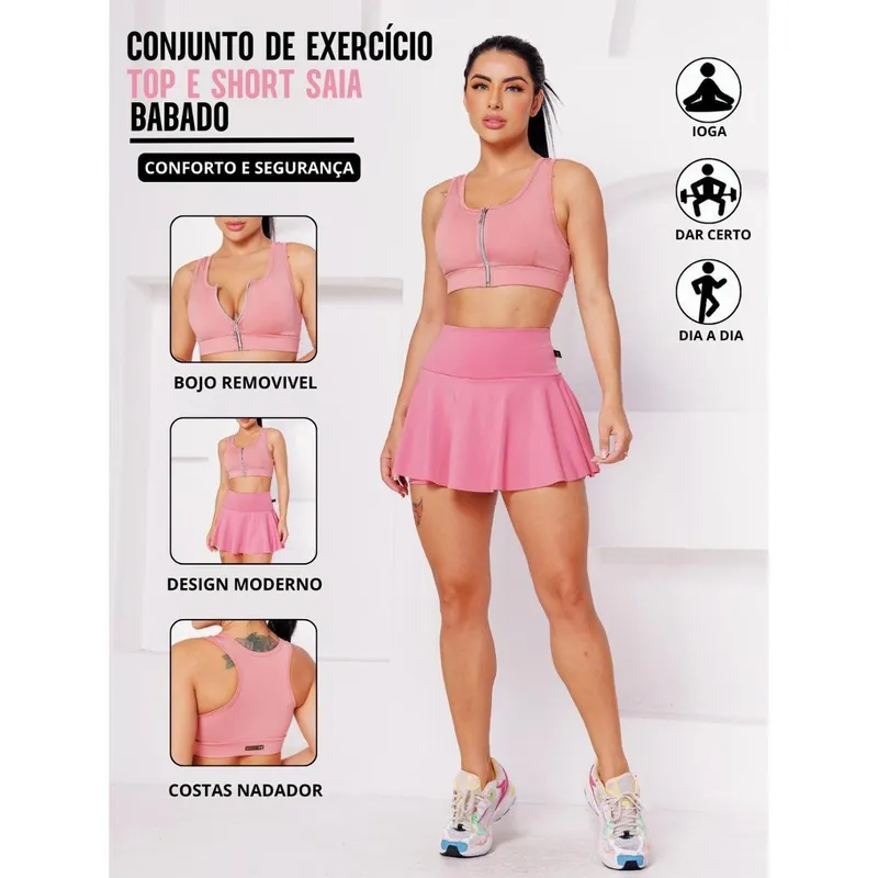 Conjunto Academia Top Com Ziper E Bojo E Short Saia Babado Sinta O Conforto E A Segurança