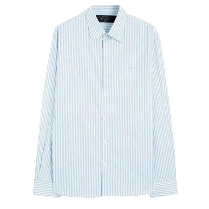 Camisa Ellus Masculina Tricoline LY Slim Midi Stripe Button Down Branco Azul Claro