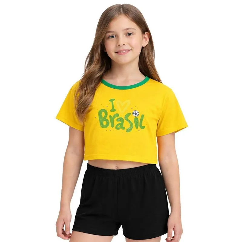 Camiseta Cropped Adulto Look Jeans I Love Brasil - P - MARINHO