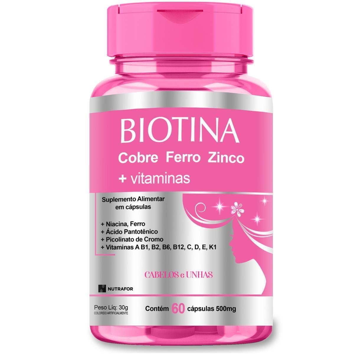 Biotina C/ Cobre Ferro Zinco + Vitaminas 60cp- Cabelos Unhas
