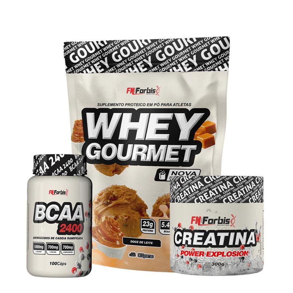 Kit Whey Protein Refil + Creatina 300g + BCAA 100 cáps Gourmet - FN Forbis Nutrition