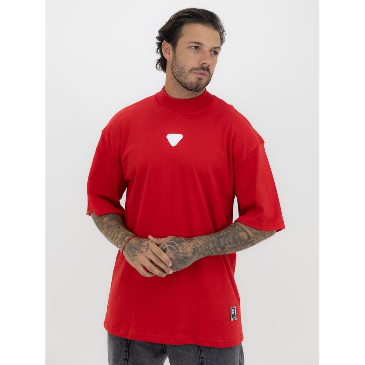 Camiseta Oversized Gola Alta Borracha Triângulo All White Streetwear Algodão Premium Vermelho