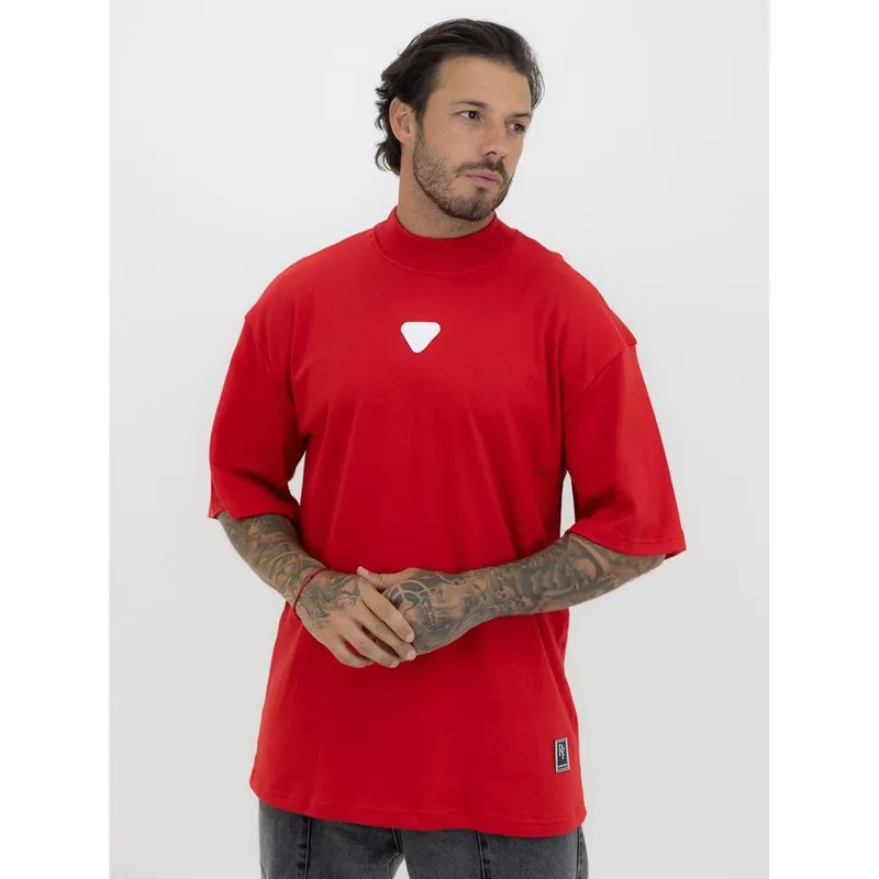 Camiseta Oversized Gola Alta Borracha Triângulo All White Streetwear Algodão Premium Vermelho