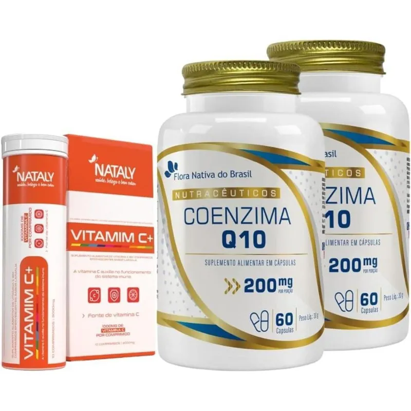 Kit Com 2 - Coenzima Q10 100% Pura (200mg por porção) 60 Caps Flora Nativa + 1 Vitamim C+