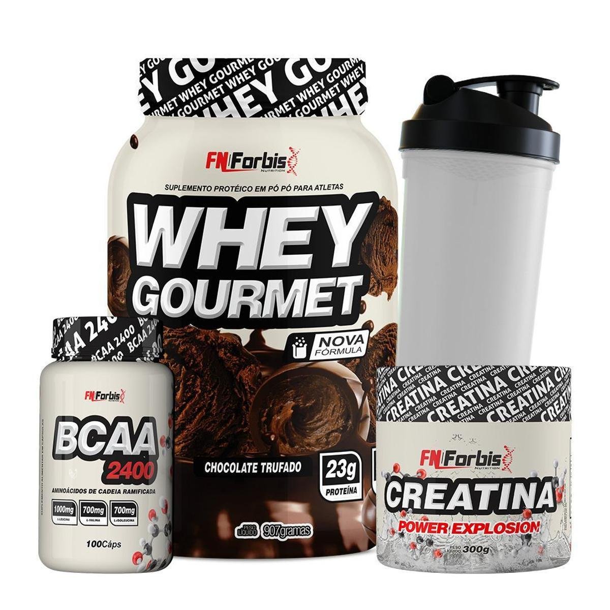 Kit Whey Protein Gourmet + Creatina 300g + BCAA 100 cáps + Coqueteleira - FN Forbis Nutrition