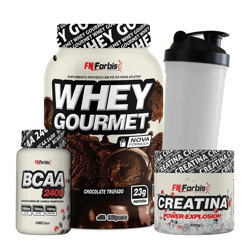 Kit Whey Protein Gourmet + Creatina 300g + BCAA 100 cáps + Coqueteleira - FN Forbis Nutrition