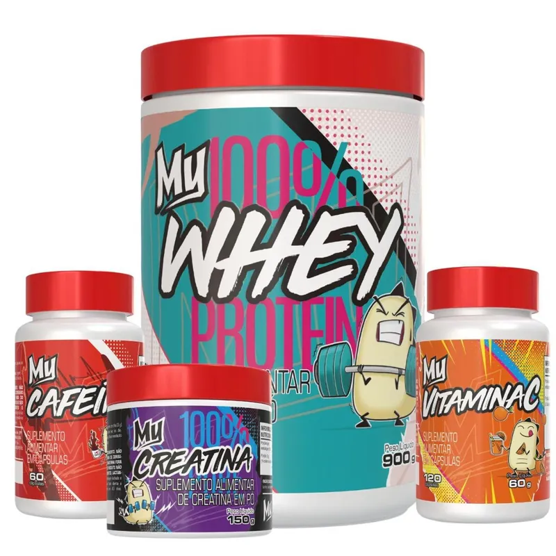 Kit Whey Protein 900g – Creatina 150g – Vitamina C 120 cáps – Cafeina 60 cáps – My Suplementos