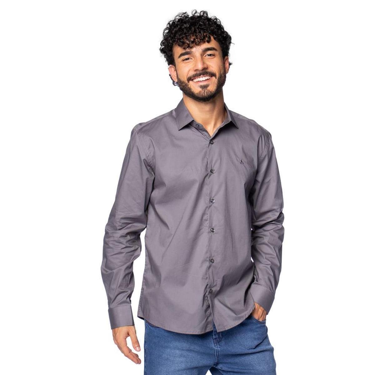 Camisa Masculina Amil Manga Longa com Elastano Cinza Escuro