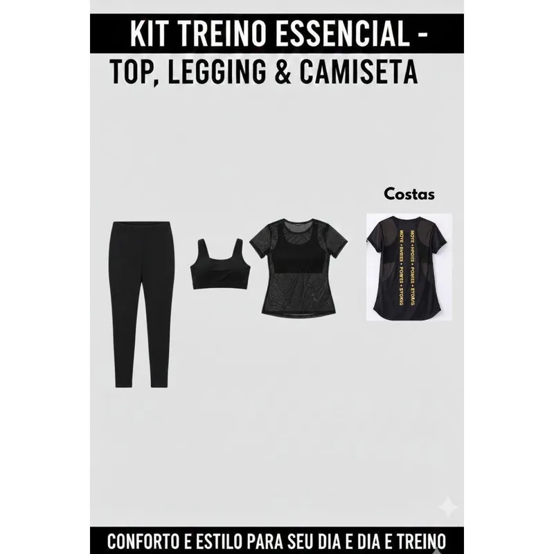 Kit Fitness Feminino – Top + Legging + Regata Tule ou Camiseta – Estilo e Conforto para Seus Treinos