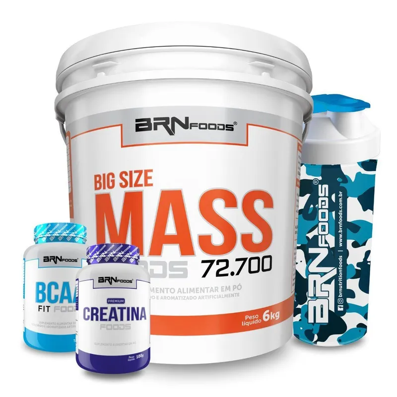 Kit Hipercalórico Big Size Mass 6kg + BCAA 100g + Creatina 100g + Coqueteleira -BRNFOODS