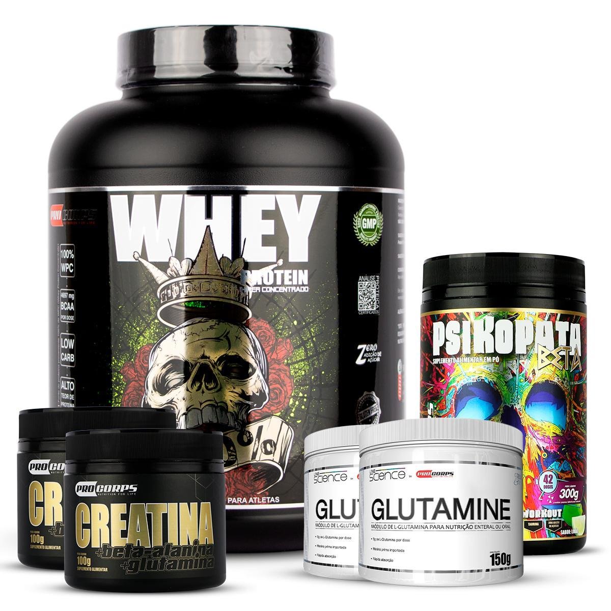 Kit 1 Whey 100% 2 Kg + 2 Creatina+ 2glutamina + 1pré Treino