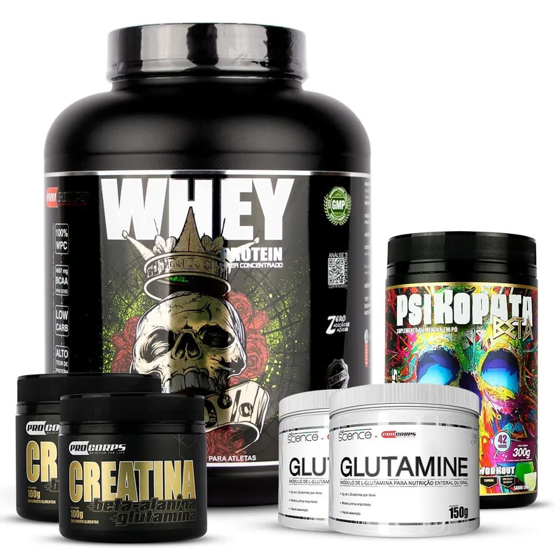 Kit 1 Whey 100% 2 Kg + 2 Creatina+ 2glutamina + 1pré Treino