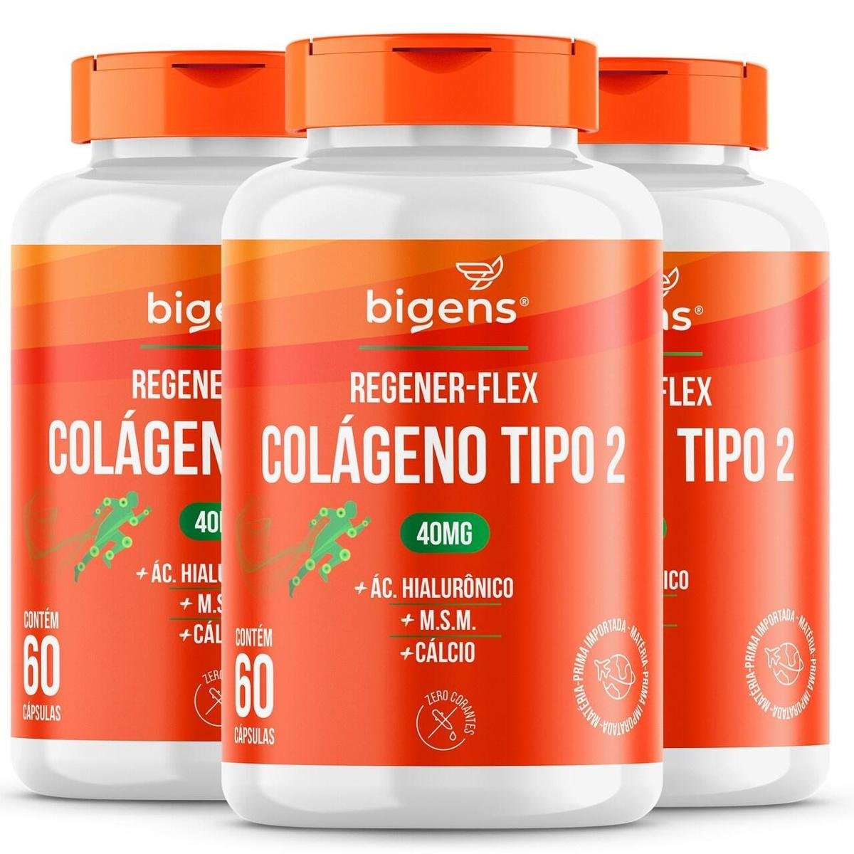 Kit 3 Colágeno Tipo 2 Regener Flex 40mg + Ácido Hialurônico M.S.M Cálcio 180 Caps - Bigens