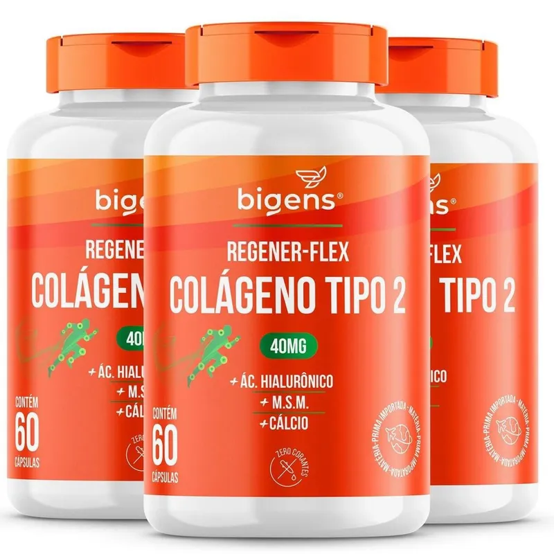 Kit 3 Colágeno Tipo 2 Regener Flex 40mg + Ácido Hialurônico M.S.M Cálcio 180 Caps - Bigens