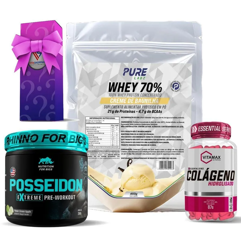 Kit Whey Protein Creme de Baunilha + Colágeno 120 Cápsulas Vitamax + Pré Treino Posseidon