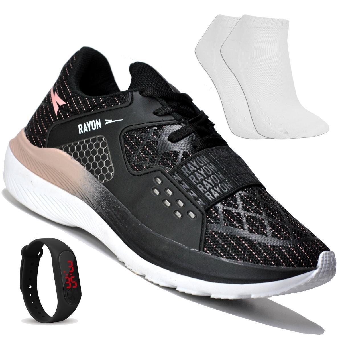 TENIS FEMININO P/ ACADEMIA E CAMINHADA + RELOGIO + MEIA RYN R1503N - PRETO/NUDE