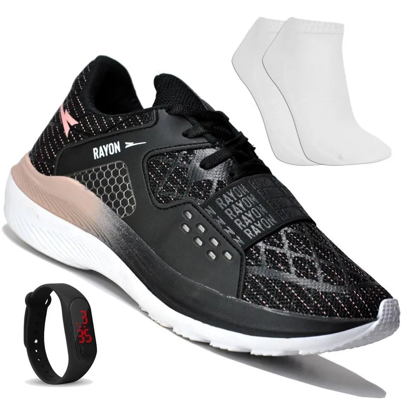 TENIS FEMININO P/ ACADEMIA E CAMINHADA + RELOGIO + MEIA RYN R1503N - PRETO/NUDE