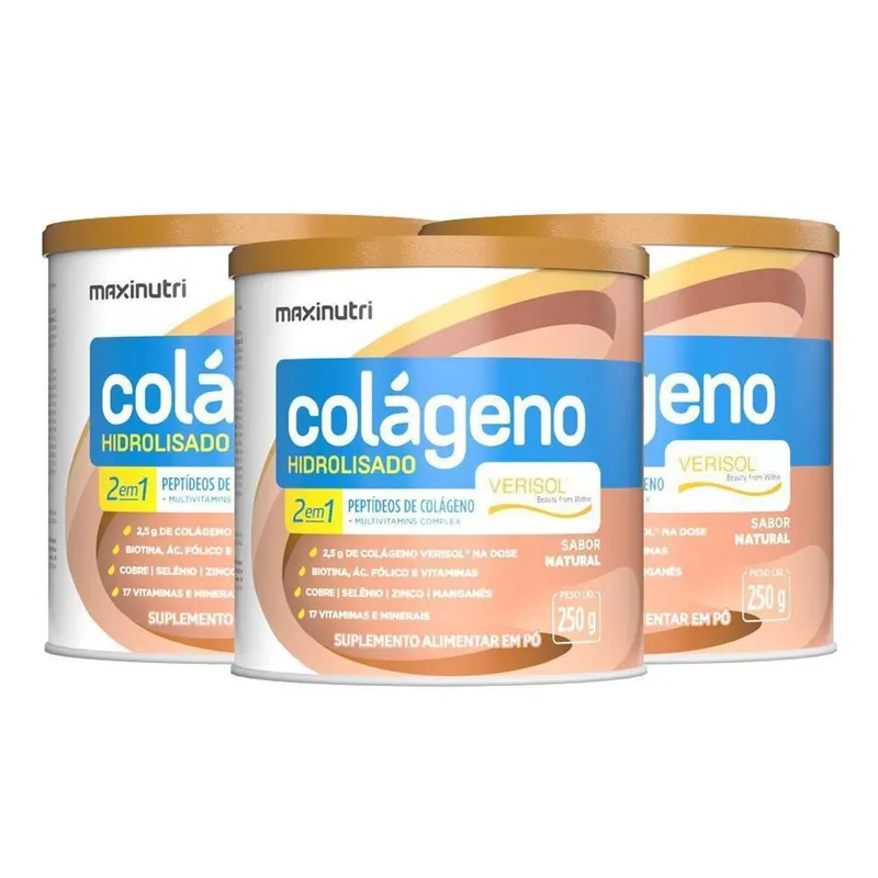 Kit 03 Colágenos Verisol Lata 250g Sabor Natural Maxinutri