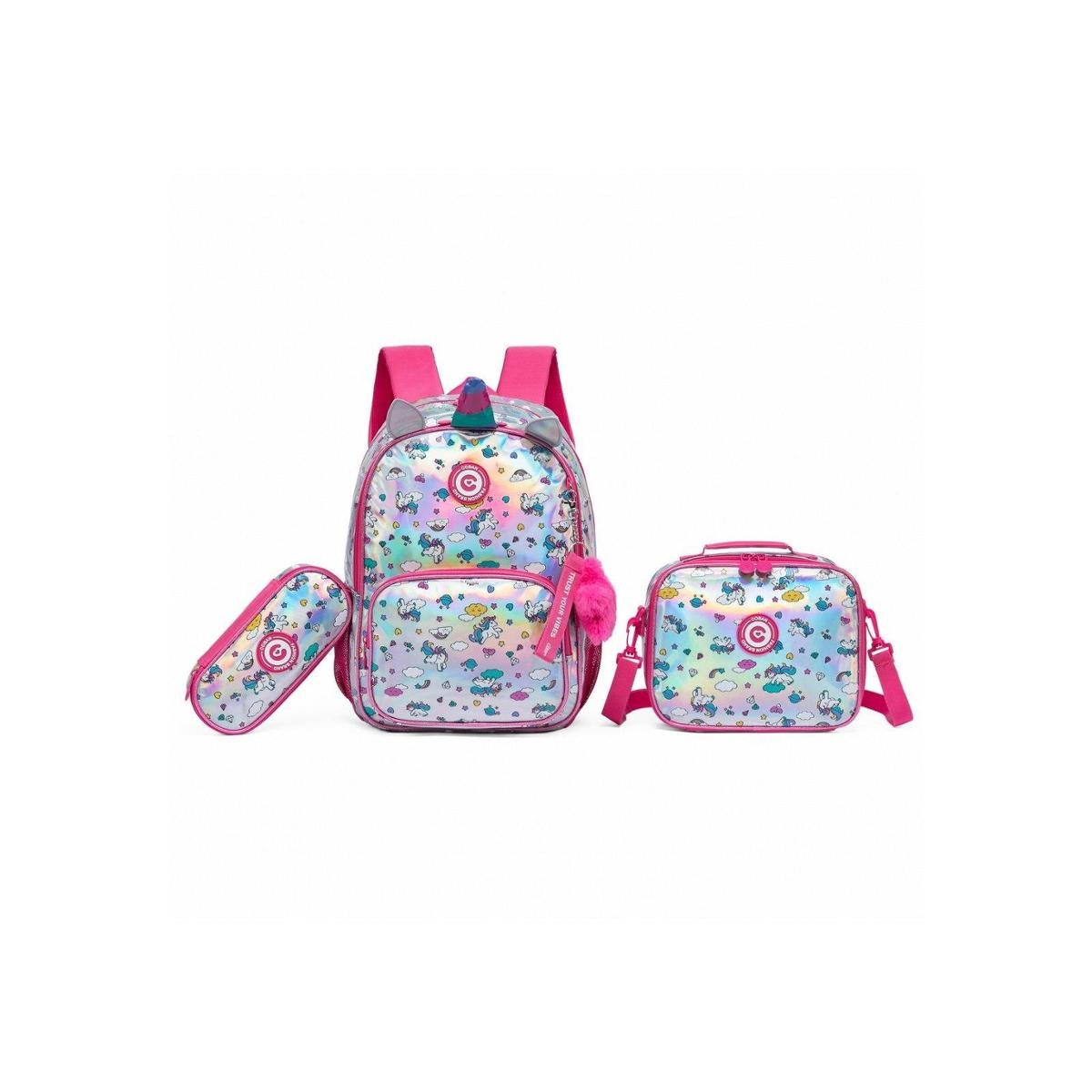 Kit Mochila Infantil Escolar Menina de Costa + Estojo + Lancheira