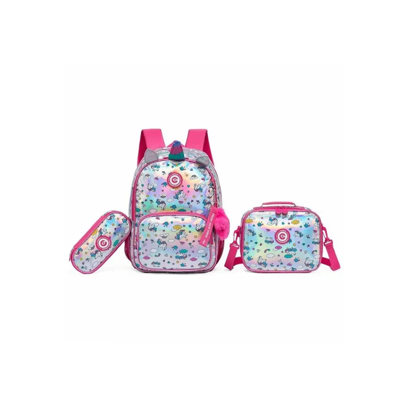 Kit Mochila Infantil Escolar Menina de Costa + Estojo + Lancheira