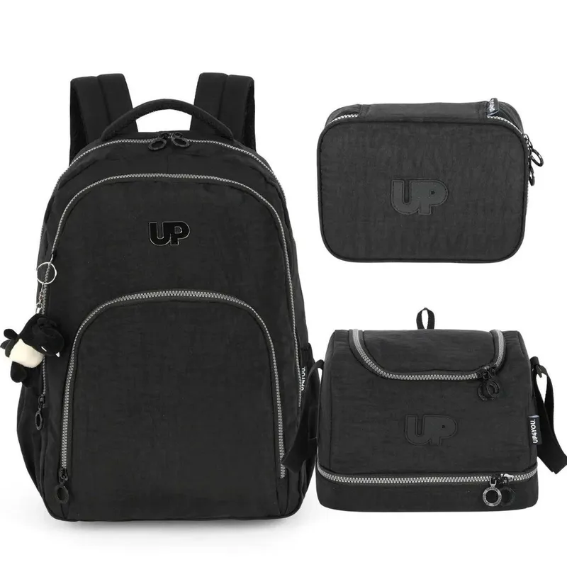 KIT MOCHILA ESCOLAR LANCHEIRA ESTOJO BOX BOLSA CRINKLE DINO UP4YOU