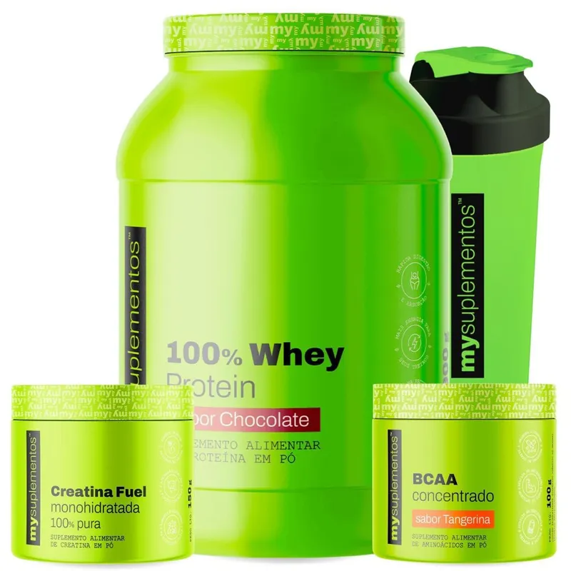Kit Whey Protein 900g, Creatina Pura 150g, BCAA 100g e Coqueteleira 600ml – My Suplementos