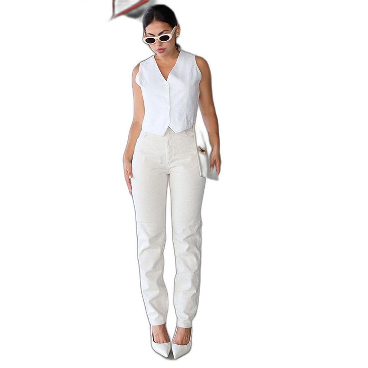 CALÇA LINHO MOM FEMININA CINTURA ALTA BÁSICA