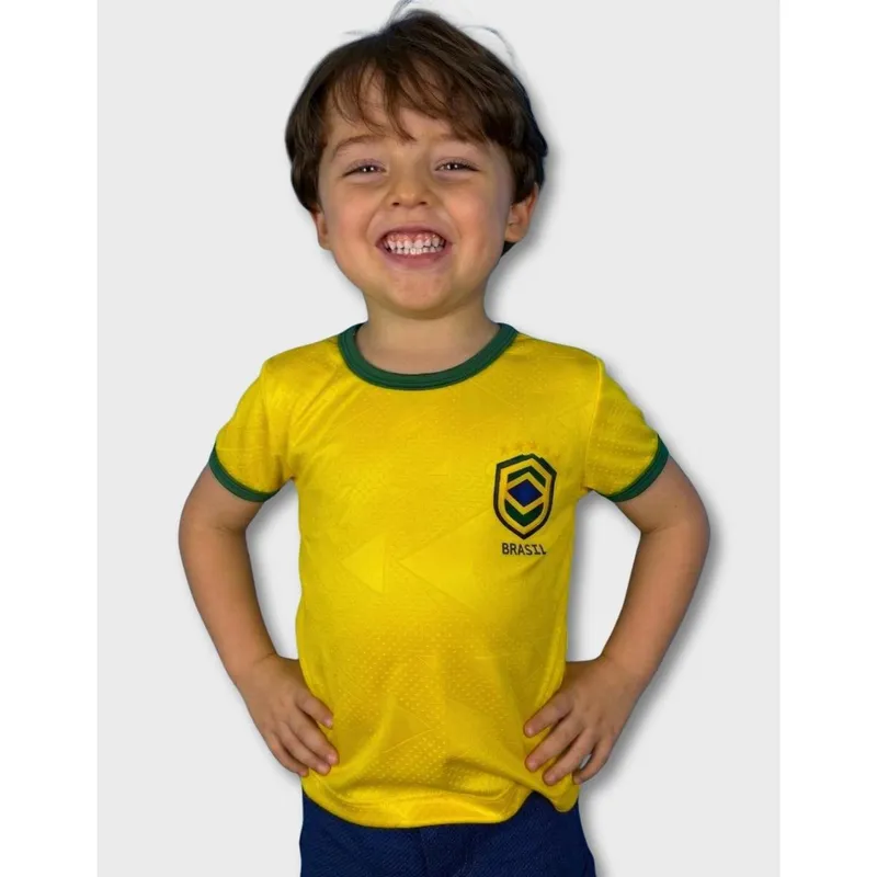 Camiseta Infantil Brasil Dry texturizado 3D com emblema seleção brasileira futebol copa