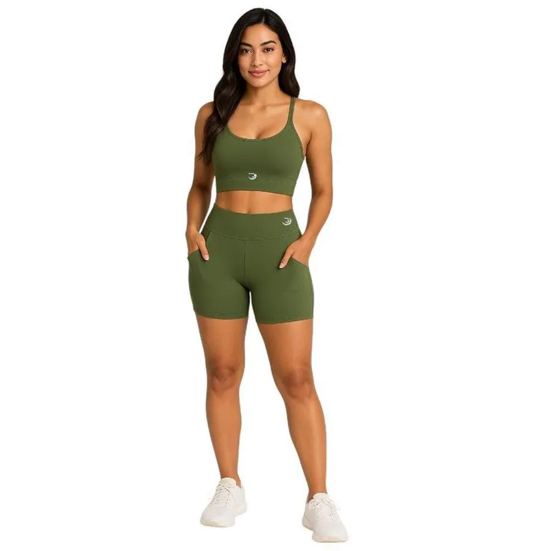 Conjunto Feminino Top Costas Nua + Shorts Com BOLSO Poliamida Summer Pro Verde
