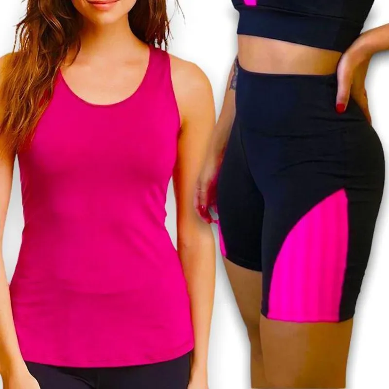 Kit Shorts Legging + Regata Fitness Cintura alta Bermuda Academia 170